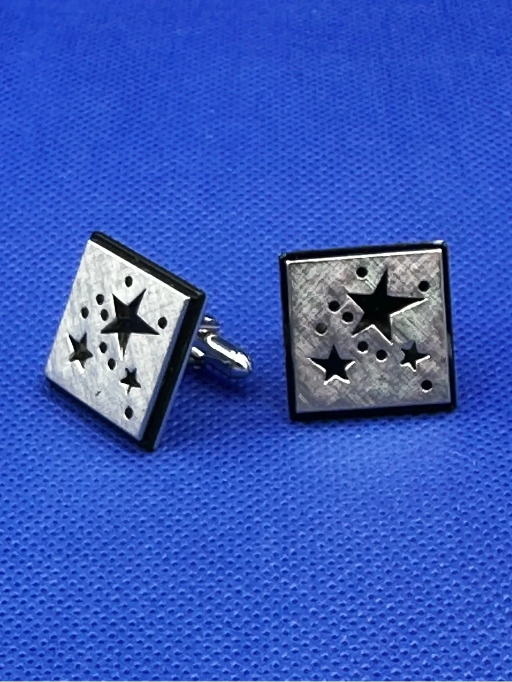 Swank Brushed Silvertone with Black Stars Cutout Square Cufflinks